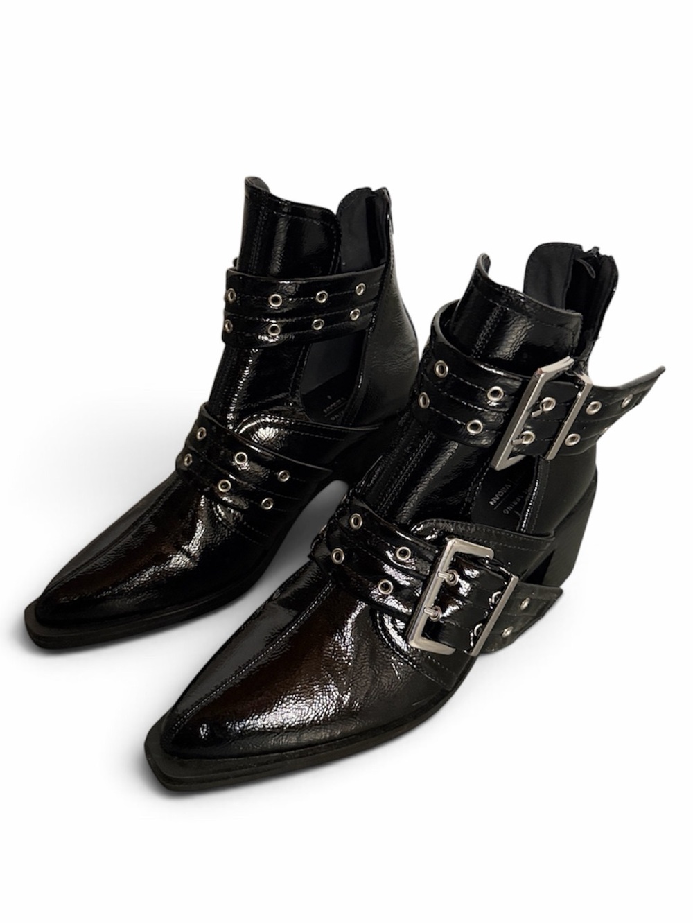 Call It Spring Vegan, Black Patent Buckled Pointed Ankle Boots 7